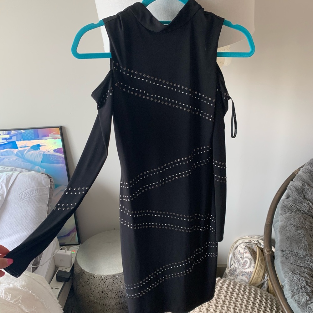 Guess Black Studded Cold Shoulder Mock Neck Dress
